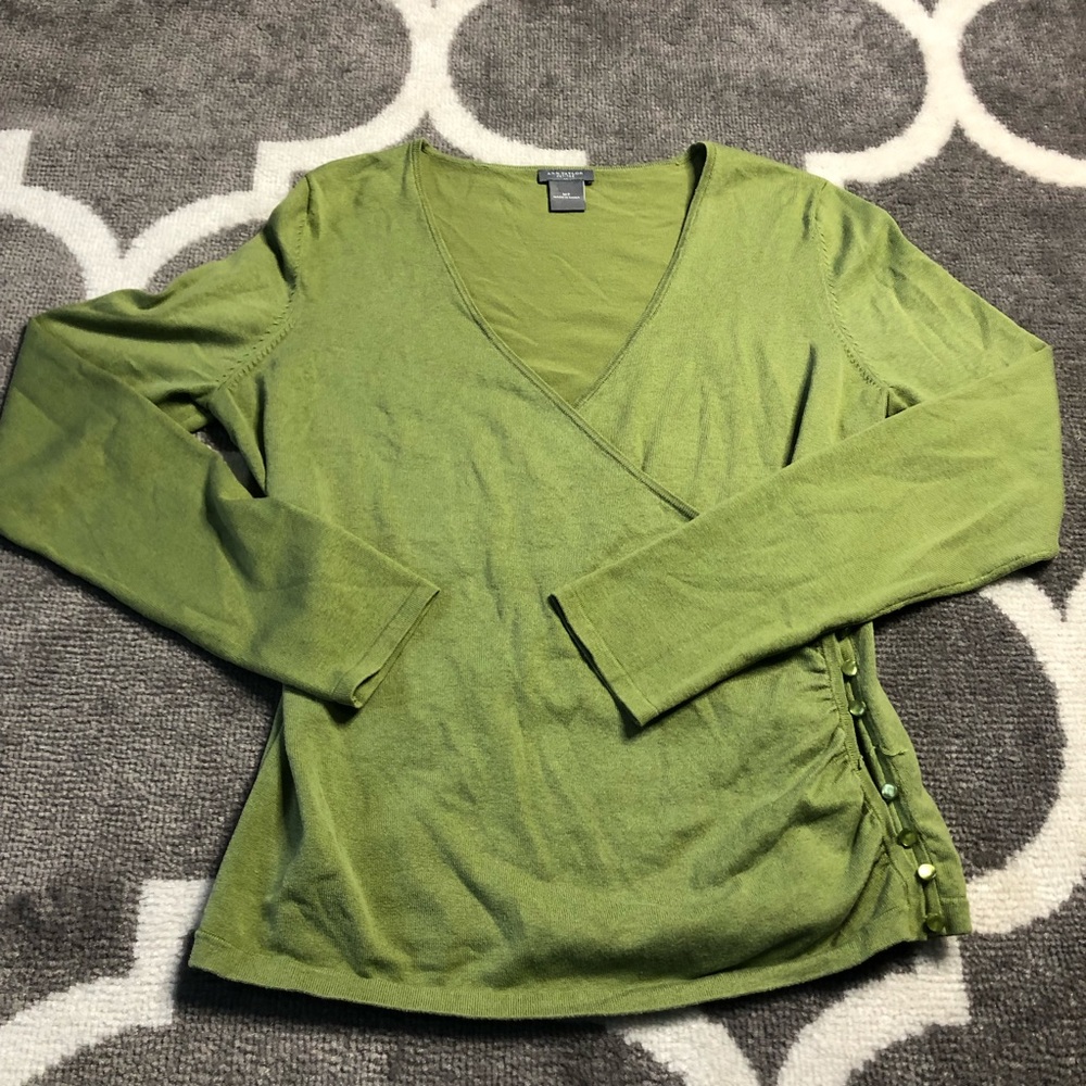 Ann Taylor Sweater Silk Blend Faux Wrap VNeck Green Button Hem Medium Petite